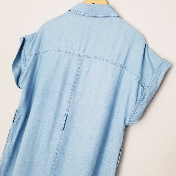 Zara Linen Blend Button Down Blue Chambray Midi Shirt Dress XL Soft Light Denim - Picture 8 of 16